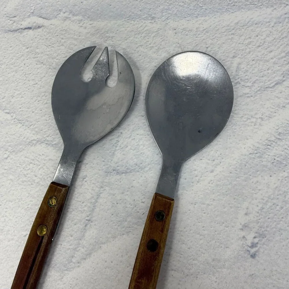 Vtg Arnart Salad Serving Fork Spoon Utensil Teak Wood Handle Stainless Japan MCM
